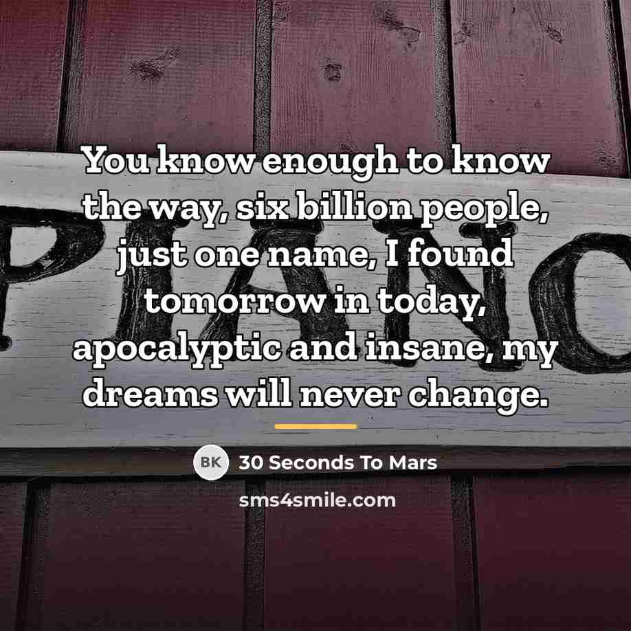 “You know enough to know the way, six billion people,…” quote by 30 Seconds To Mars