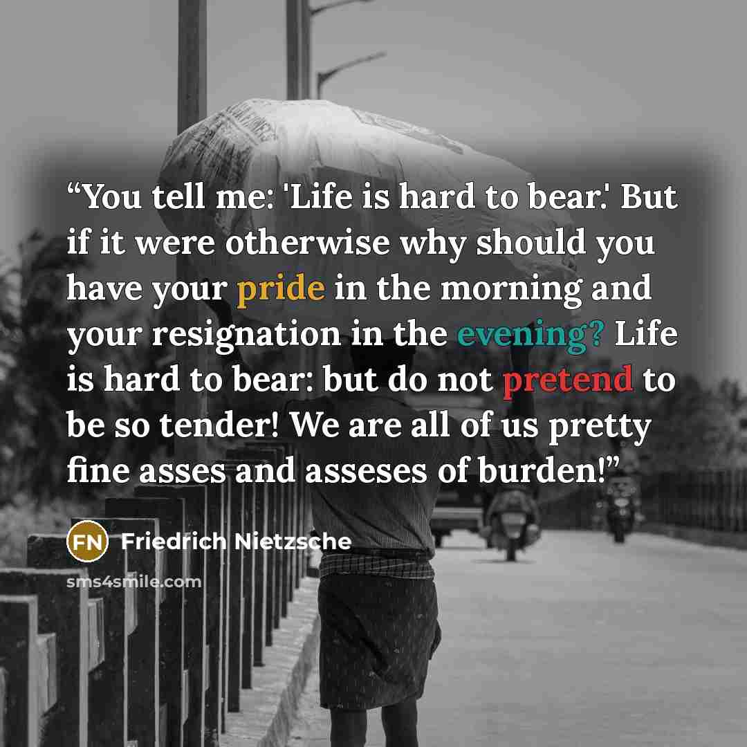 “You tell me: 'Life is hard to bear.' But if it were otherwise why should you have your pride in the morning and your resignation in the evening? Life is hard to bear: but do not pretend to be so tender! We are all of us pretty fine asses and asseses of burden!” quote by Friedrich Nietzsche