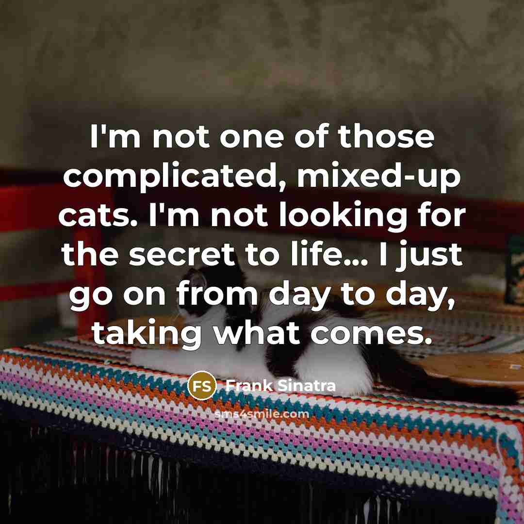 “I'm not one of those complicated, mixed-up cats. I'm not looking for the secret to life... I just go on from day to day, taking what comes.” quote by Frank Sinatra