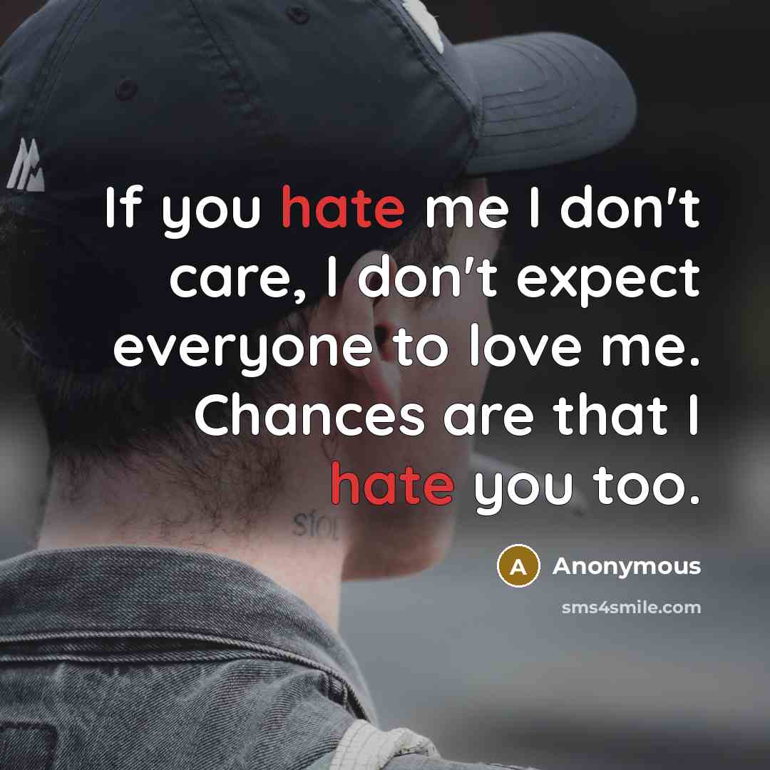 “If you hate me I don't care, I don't expect everyone to love me. Chances are that I hate you too.” quote by Anonymous