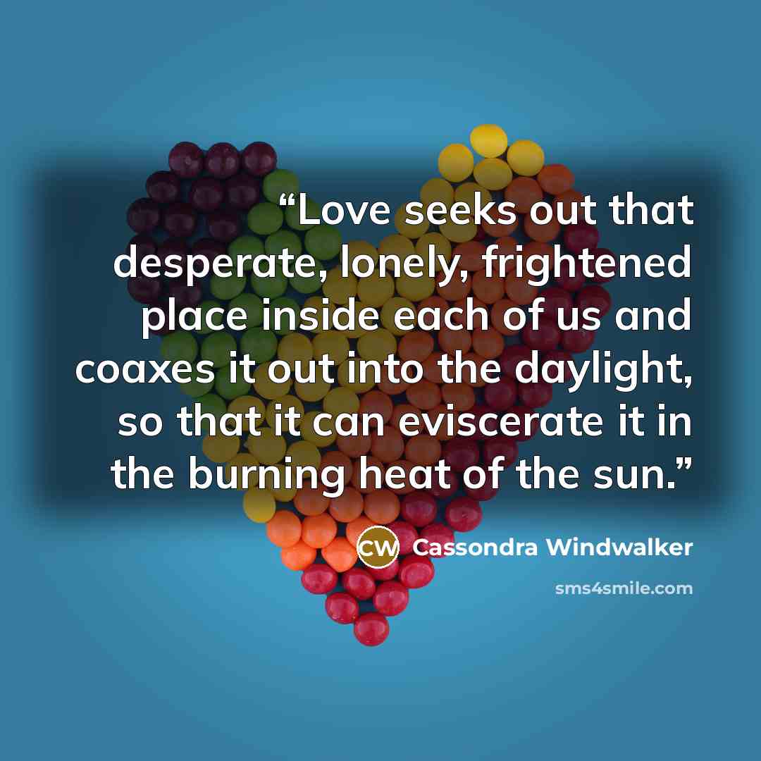 “Love seeks out that desperate, lonely, frightened place inside each of us and coaxes it out into the daylight, so that it can eviscerate it in the burning heat of the sun.” quote by Cassondra Windwalker
