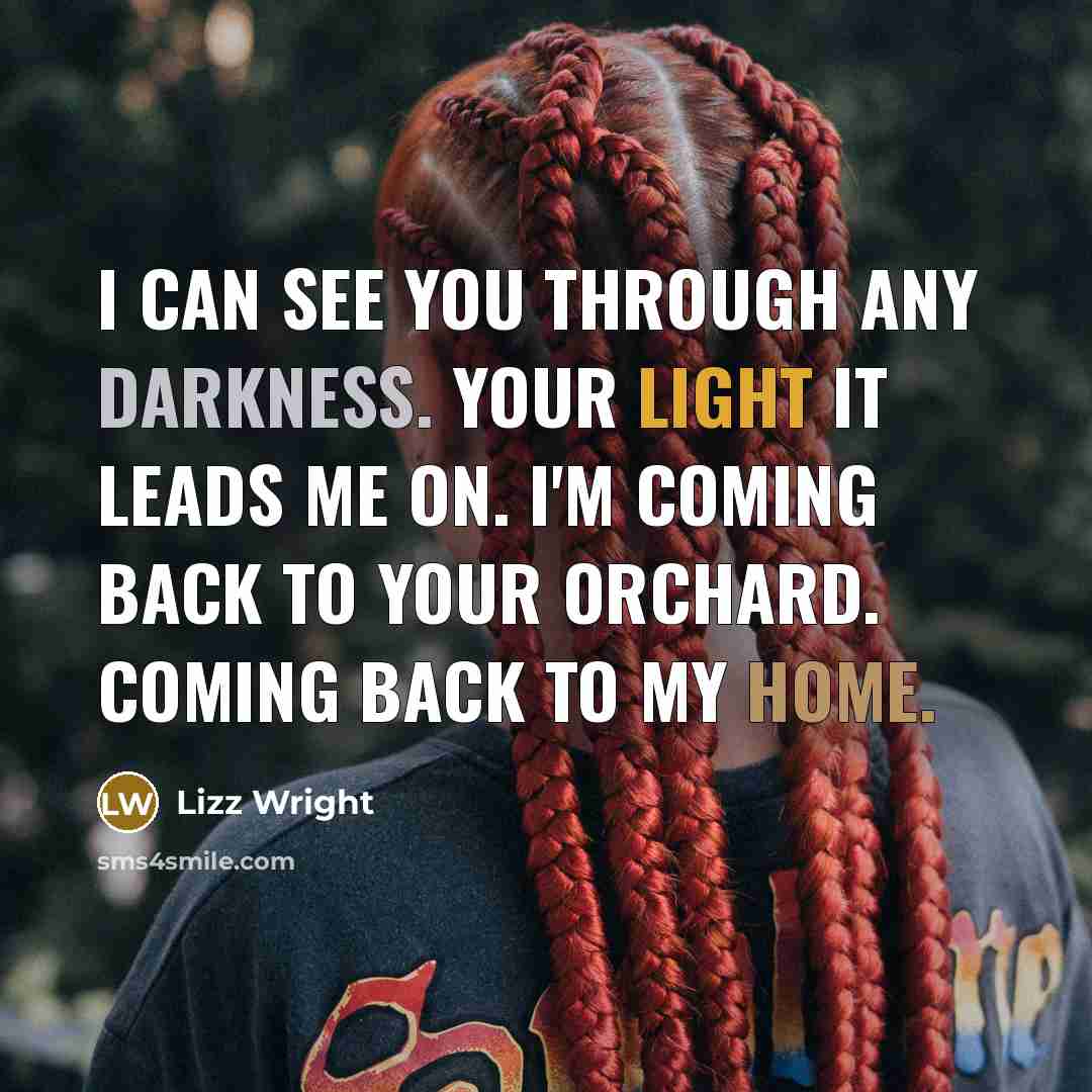 “I can see you through any darkness. Your light it leads me on. I'm coming back to your orchard. Coming back to my home.” quote by Lizz Wright