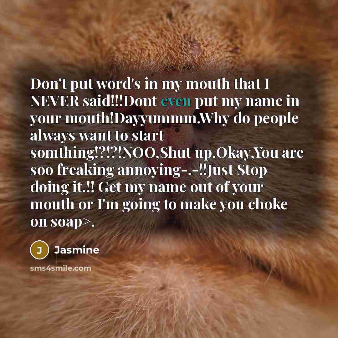 “Don't put word's in my mouth that I NEVER said!!!Dont even put my name in your mouth!Dayyummm.Why do people always want to start somthing!?!?!NOO,Shut up.Okay,You are soo freaking annoying-.-!!Just Stop doing it.!! Get my name out of your mouth or I'm going to make you choke on soap>.” quote by Jasmine
