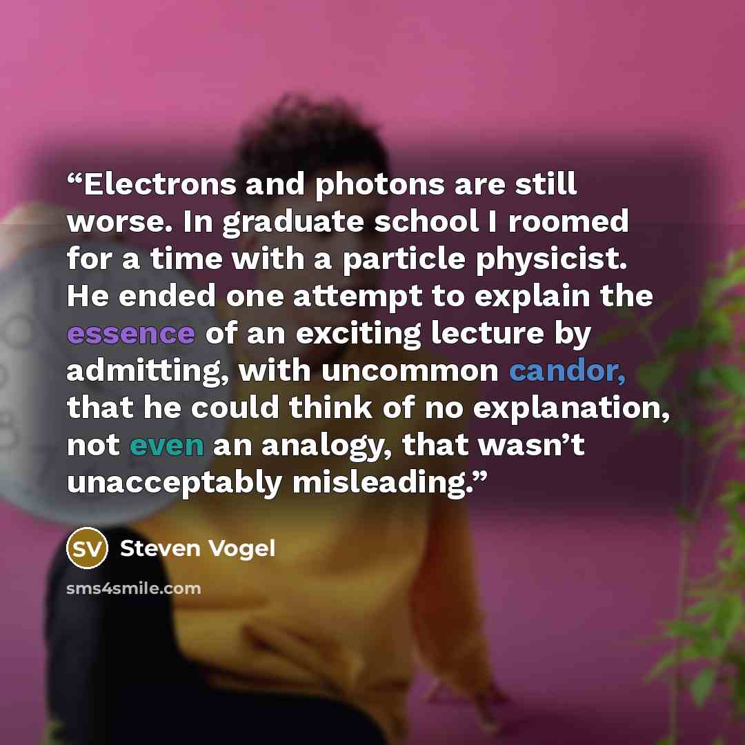 “Electrons and photons are still worse. In graduate school I roomed for a time with a particle physicist. He ended one attempt to explain the essence of an exciting lecture by admitting, with uncommon candor, that he could think of no explanation, not even an analogy, that wasn’t unacceptably…” quote by Steven Vogel