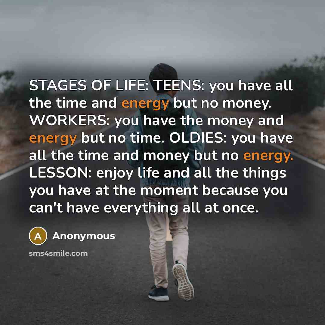 “STAGES OF LIFE: TEENS: you have all the time and…” quote by Anonymous