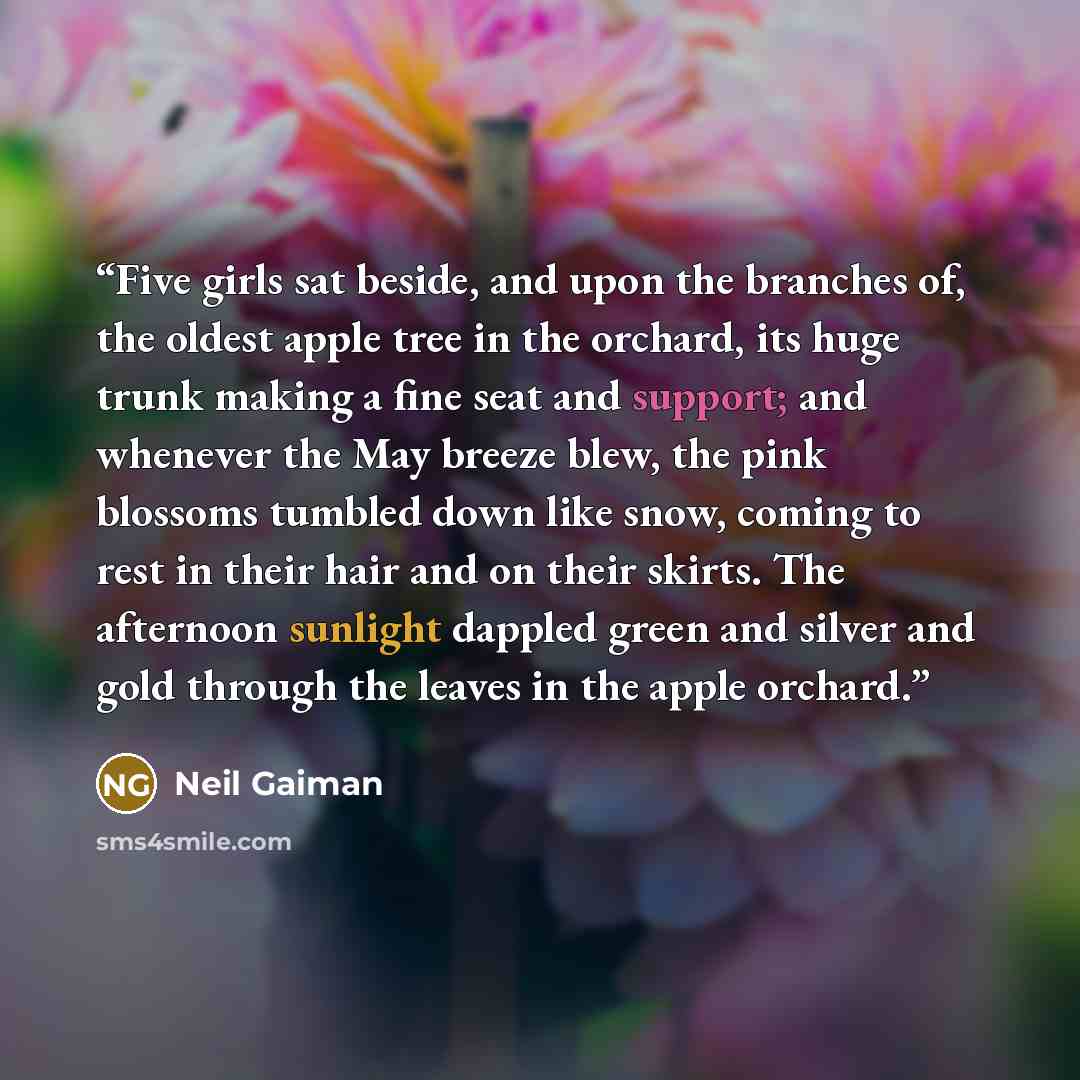 “Five girls sat beside, and upon the branches of, the oldest apple tree in the orchard, its huge trunk making a fine seat and support; and whenever the May breeze blew, the pink blossoms tumbled down like snow, coming to rest in their hair and on their skirts. The afternoon sunlight dappled green…” quote by Neil Gaiman