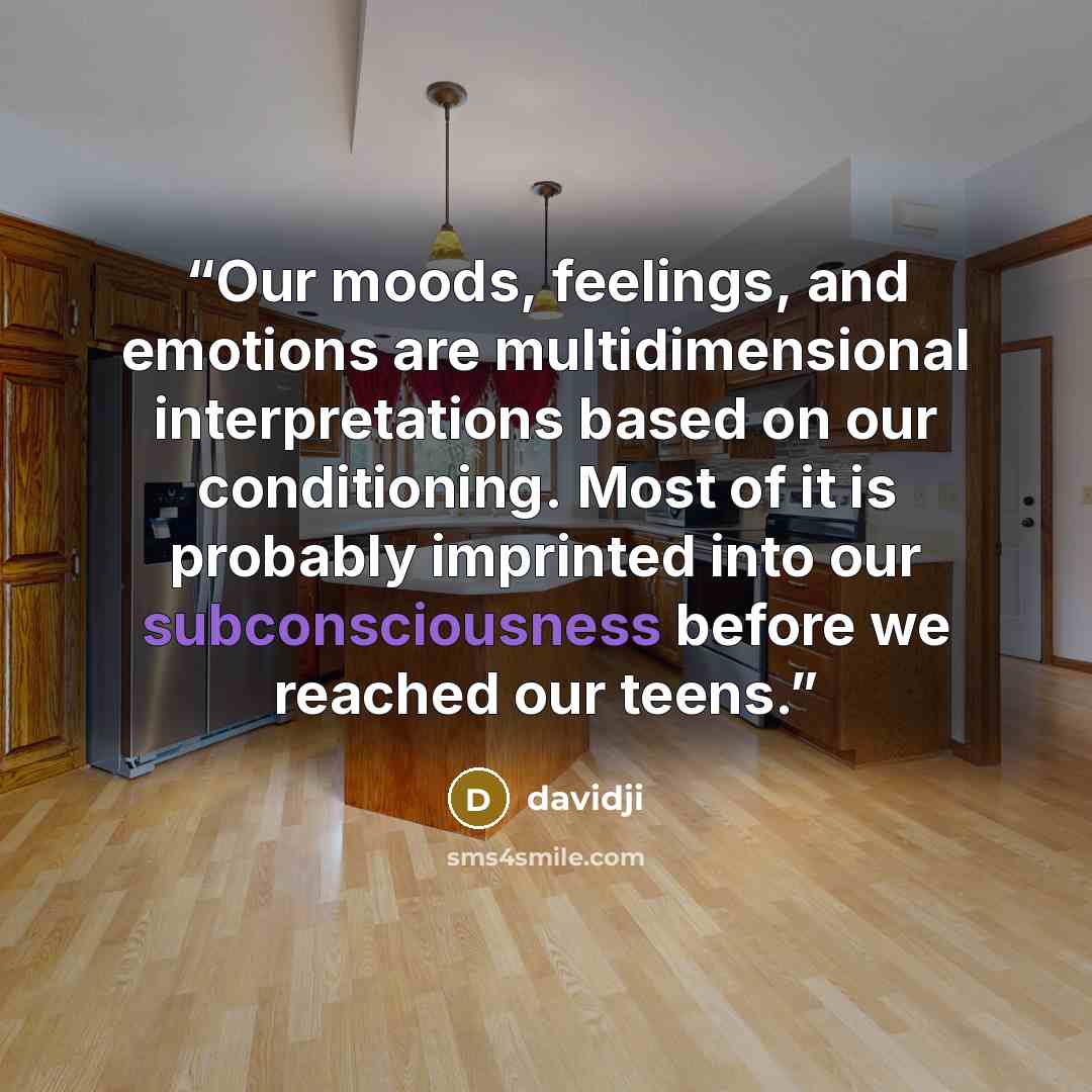 “Our moods, feelings, and emotions are multidimensional interpretations based on our conditioning. Most of it is probably imprinted into our subconsciousness before we reached our teens.” quote by davidji