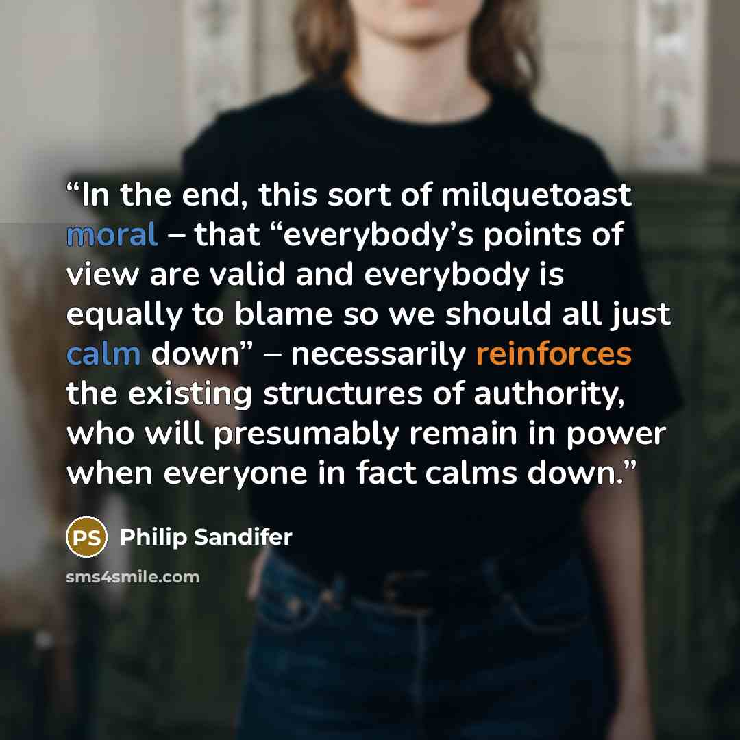 “In the end, this sort of milquetoast moral – that “everybody’s points of view are valid and everybody is equally to blame so we should all just calm down” – necessarily reinforces the existing structures of authority, who will presumably remain in power when everyone in fact calms down.” quote by Philip Sandifer