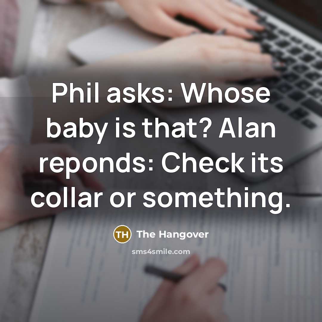 “Phil asks: Whose baby is that? Alan reponds: Check its collar or something.” quote by The Hangover