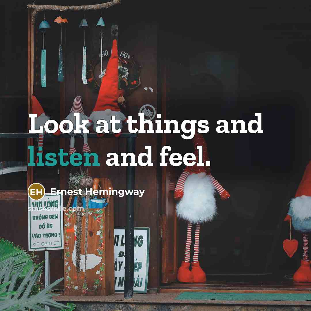 “Look at things and listen and feel.…” quote by Ernest Hemingway