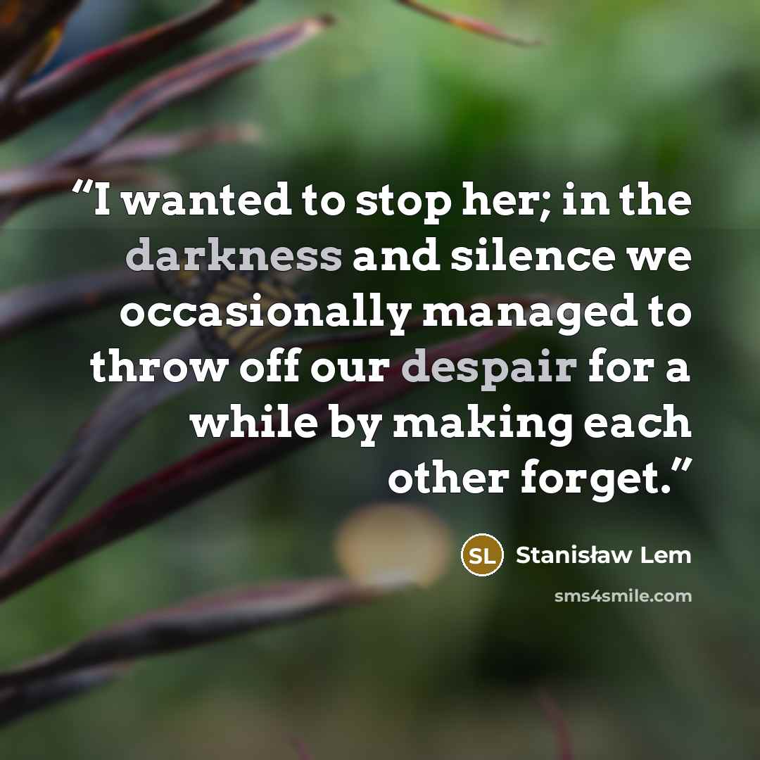 “I wanted to stop her; in the darkness and silence we occasionally managed to throw off our despair for a while by making each other forget.” quote by Stanisław Lem