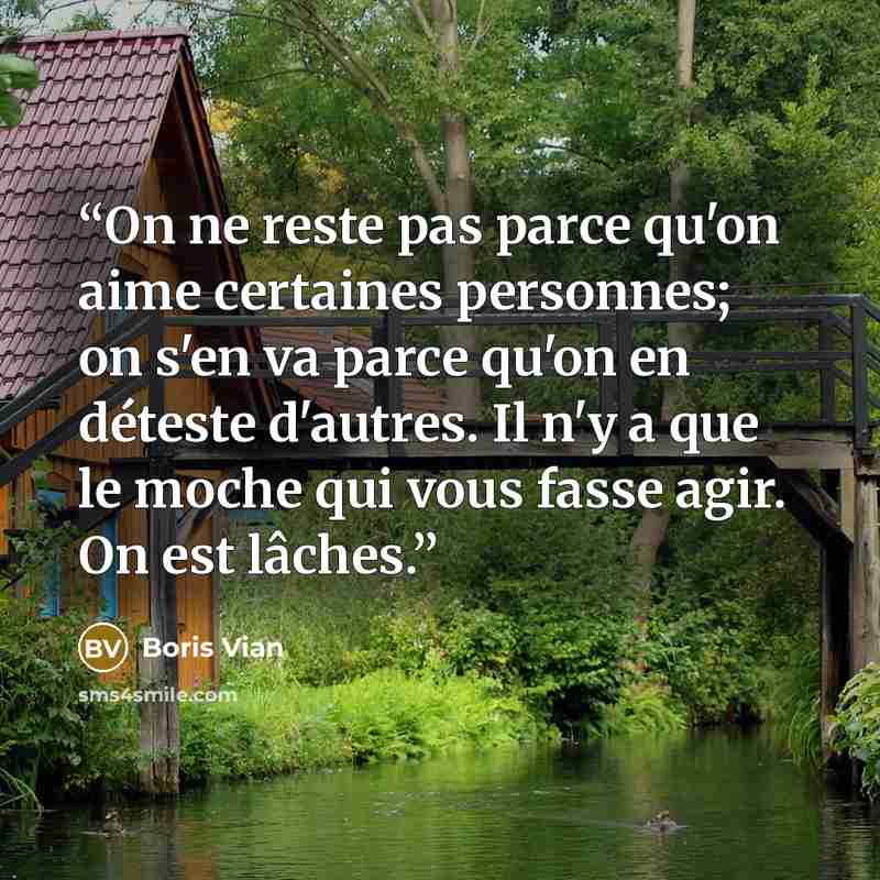 “On ne reste pas parce qu'on aime certaines personnes; on s'en va parce qu'on en déteste d'autres. Il n'y a que le moche qui vous fasse agir. On est lâches.” quote by Boris Vian