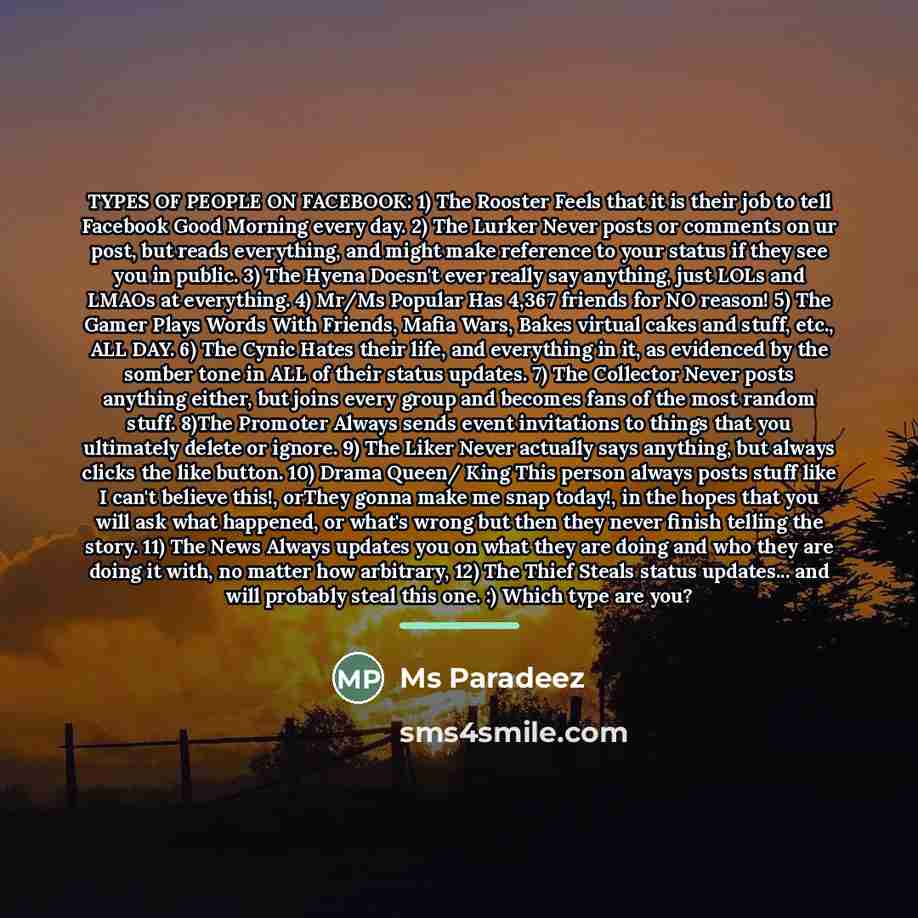 “TYPES OF PEOPLE ON FACEBOOK: 1) The Rooster Feels that…” quote by Ms Paradeez