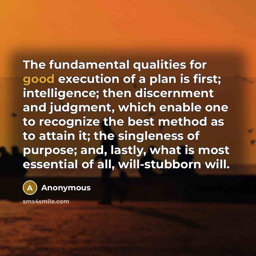 “The fundamental qualities for good execution of a plan is first; intelligence; then discernment and judgment, which enable one to recognize the best method as to attain it; the singleness of purpose; and, lastly, what is most essential of all, will-stubborn will.” quote by Anonymous