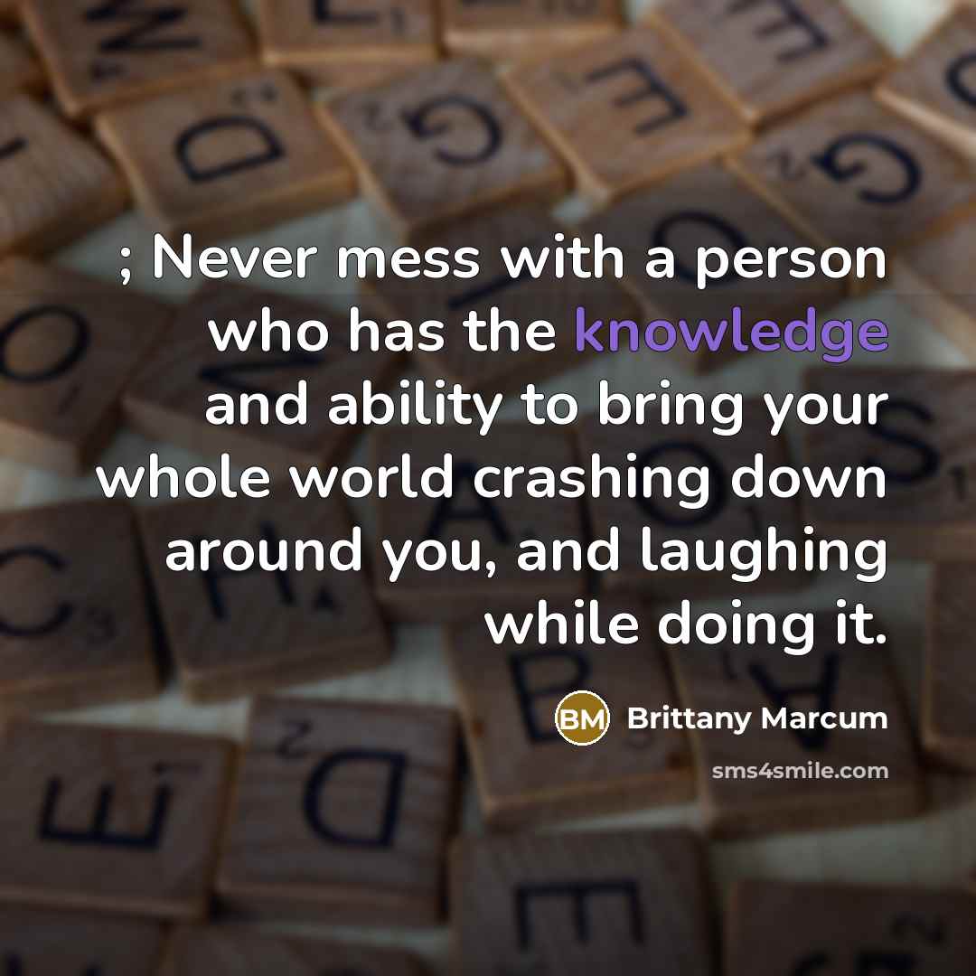 “; Never mess with a person who has the knowledge and ability to bring your whole world crashing down around you, and laughing while doing it.” quote by Brittany Marcum