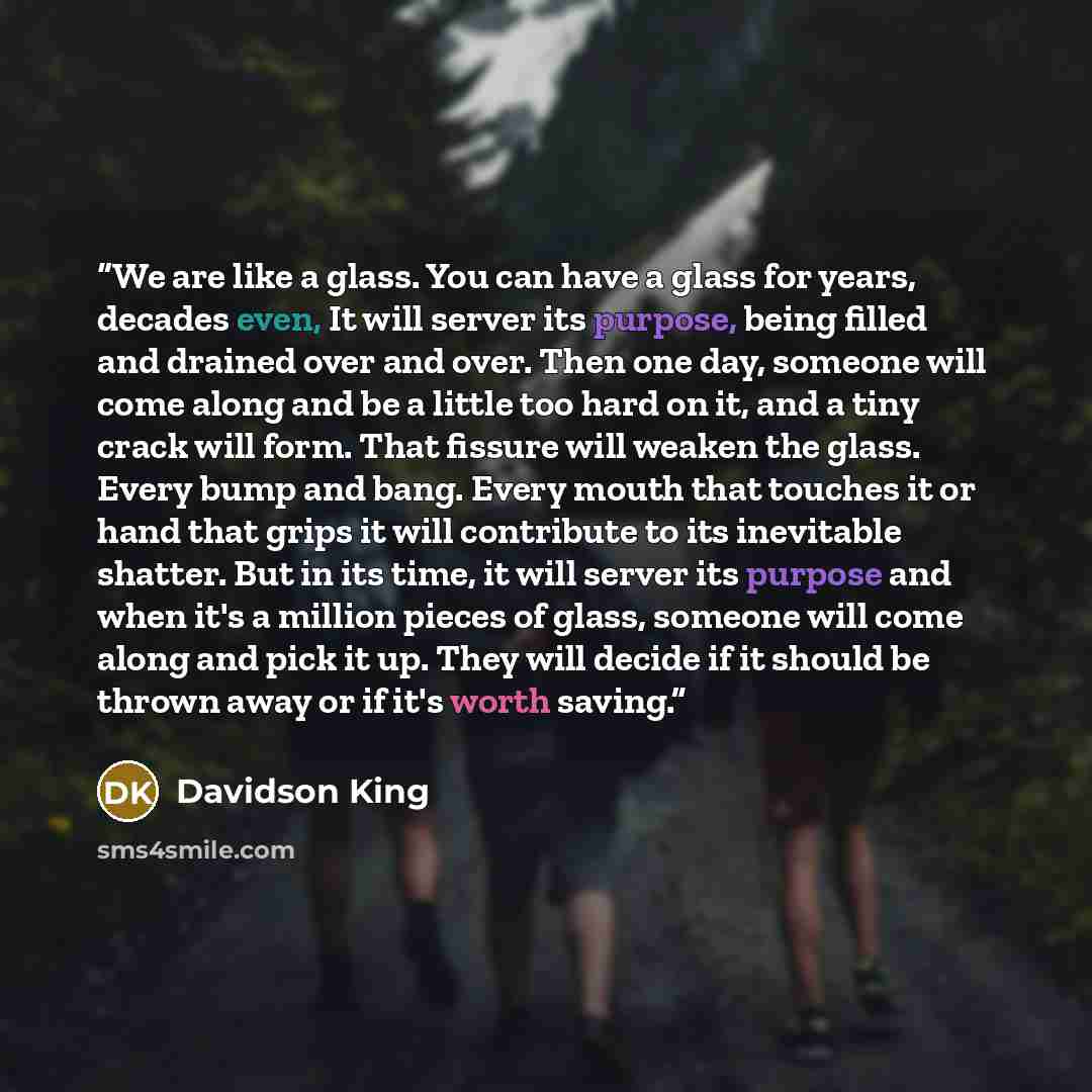 “We are like a glass. You can have a glass for years, decades even, It will server its purpose, being filled and drained over and over. Then one day, someone will come along and be a little too hard on it, and a tiny crack will form. That fissure will weaken the glass. Every bump and bang. Every…” quote by Davidson King