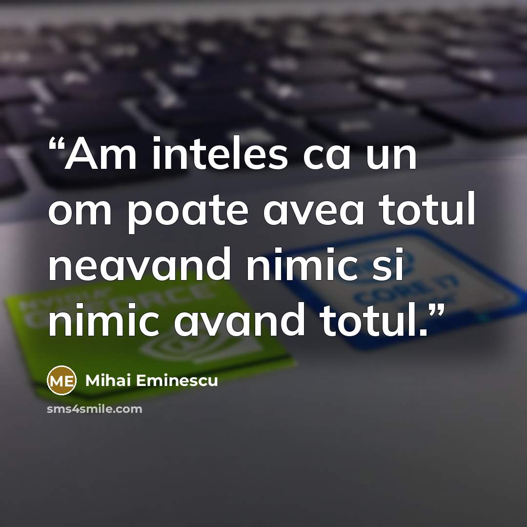 “Am inteles ca un om poate avea totul neavand nimic si nimic avand totul.” quote by Mihai Eminescu