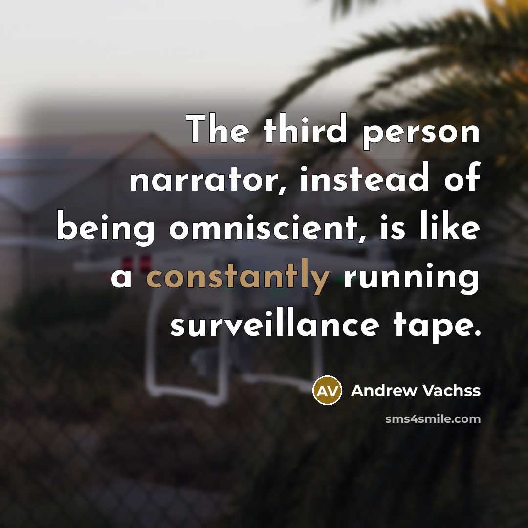 “The third person narrator, instead of being omniscient, is like a constantly running surveillance tape.” quote by Andrew Vachss