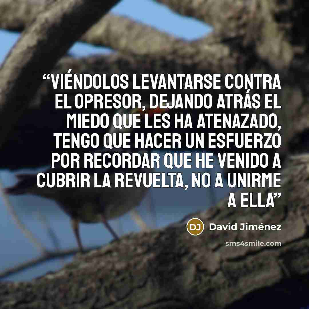 “Viéndolos levantarse contra el opresor, dejando atrás el miedo que les ha atenazado, tengo que hacer un esfuerzo por recordar que he venido a cubrir la revuelta, no a unirme a ella” quote by David Jiménez