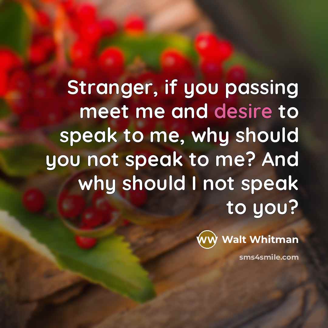 “Stranger, if you passing meet me and desire to speak…” quote by Walt Whitman