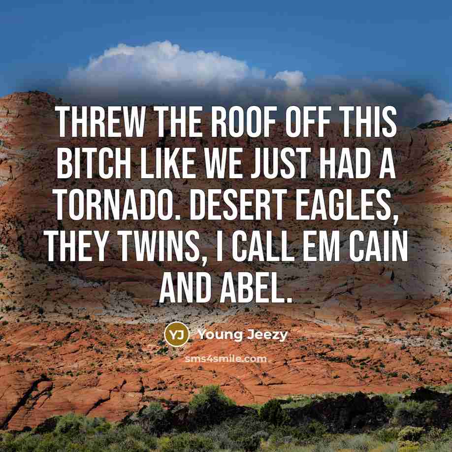 “Threw the roof off this bitch like we just had a tornado. Desert Eagles, they twins, I call em Cain and Abel.” quote by Young Jeezy