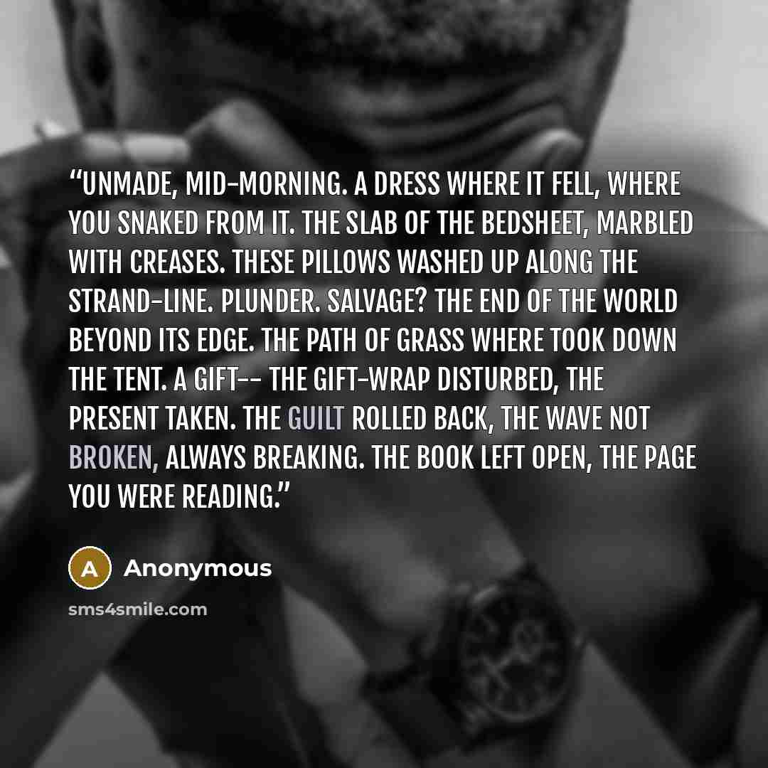 “Unmade, mid-morning. A dress where it fell, where you snaked from it. The slab of the bedsheet, marbled with creases. These pillows washed up along the strand-line. Plunder. Salvage? The end of the world beyond its edge. The path of grass where took down the tent. A gift-- the gift-wrap disturbed…” quote by Anonymous