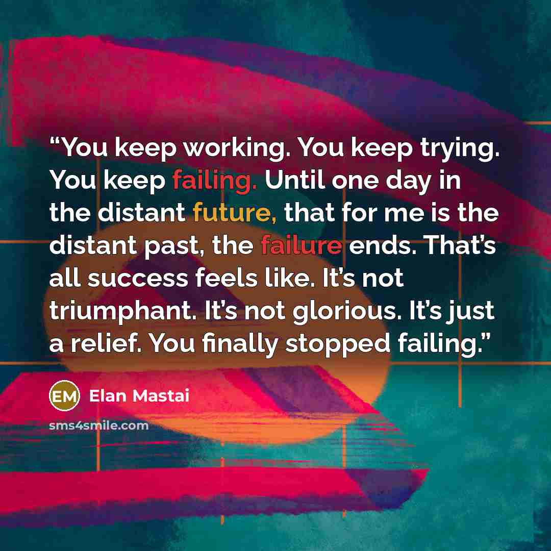 “You keep working. You keep trying. You keep failing. Until one day in the distant future, that for me is the distant past, the failure ends. That’s all success feels like. It’s not triumphant. It’s not glorious. It’s just a relief. You finally stopped failing.” quote by Elan Mastai