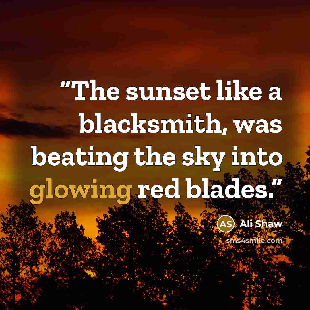 “The sunset like a blacksmith, was beating the sky into glowing red blades.” quote by Ali Shaw