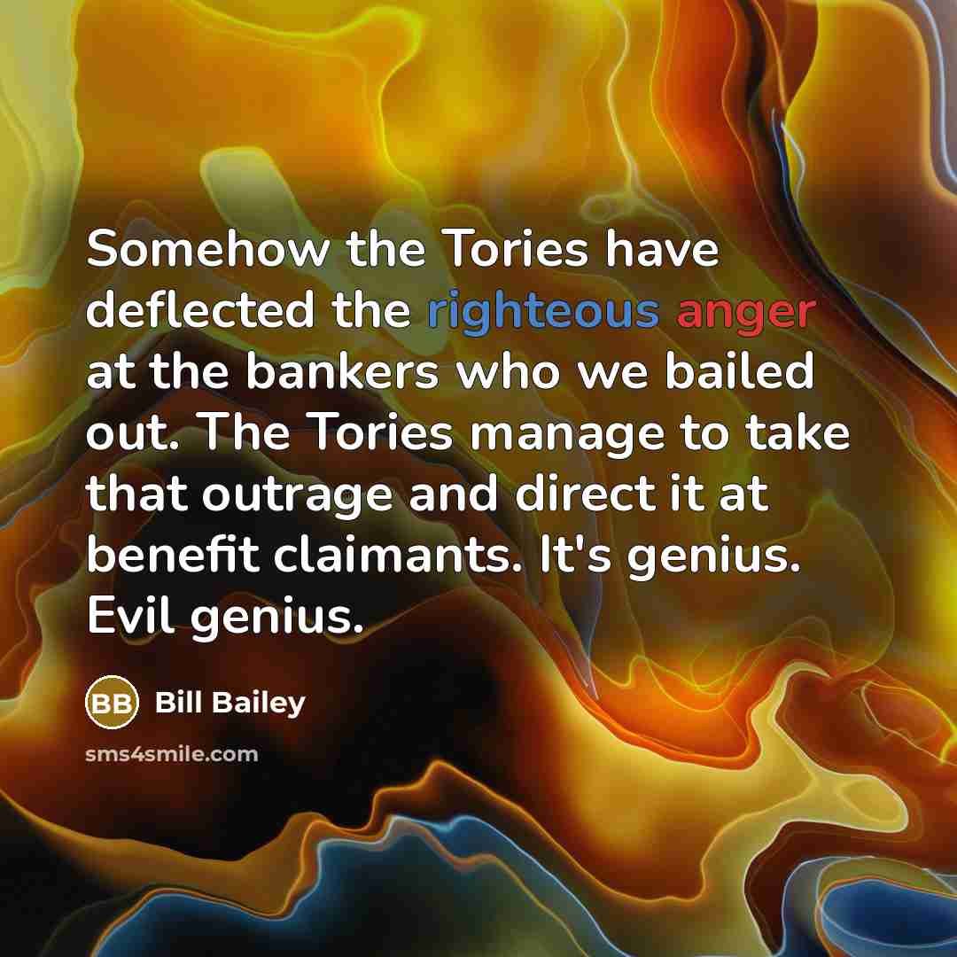 “Somehow the Tories have deflected the righteous anger at the…” quote by Bill Bailey