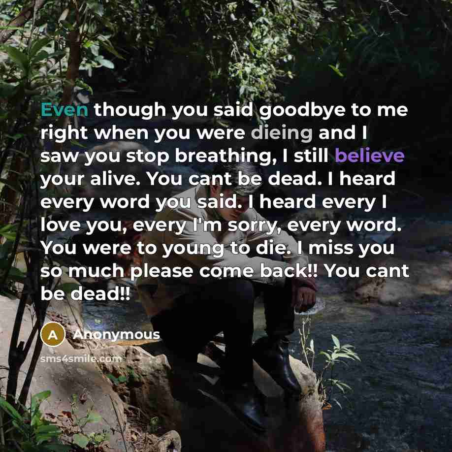 “Even though you said goodbye to me right when you were dieing and I saw you stop breathing, I still believe your alive. You cant be dead. I heard every word you said. I heard every I love you, every I'm sorry, every word. You were to young to die. I miss you so much please come back!! You cant be…” quote by Anonymous