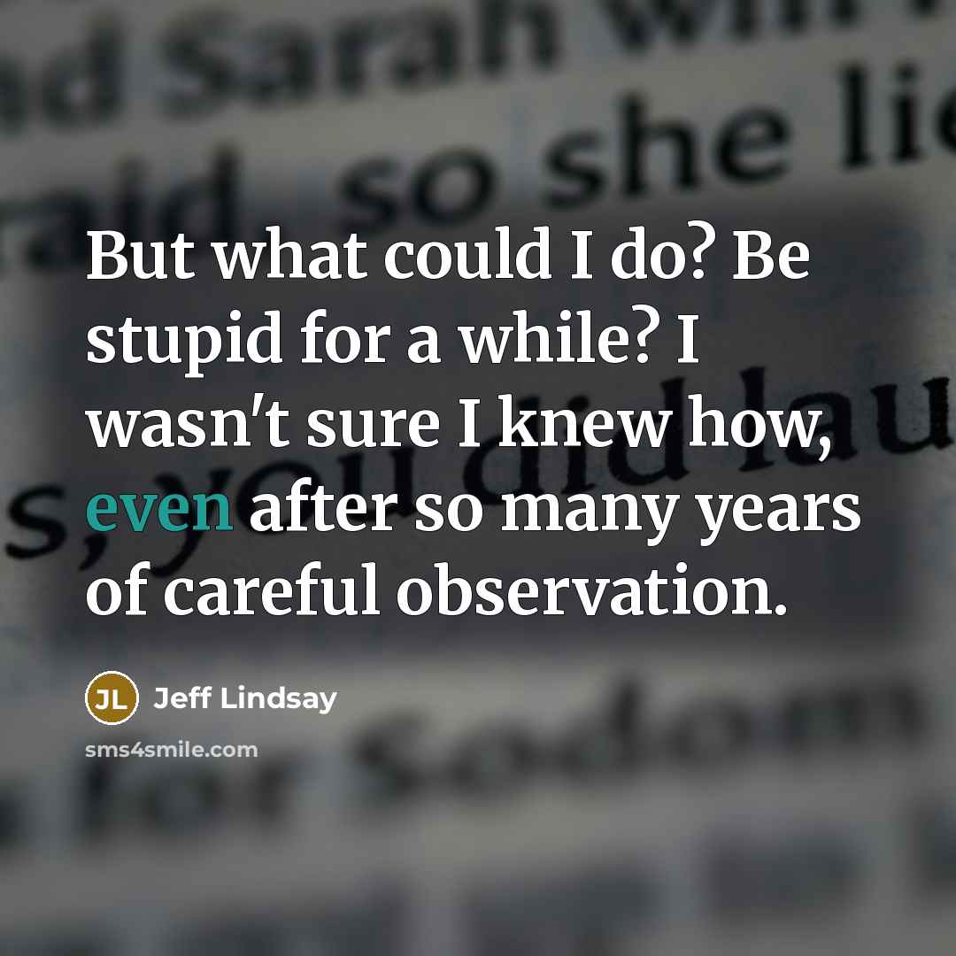 “But what could I do? Be stupid for a while?…” quote by Jeff Lindsay