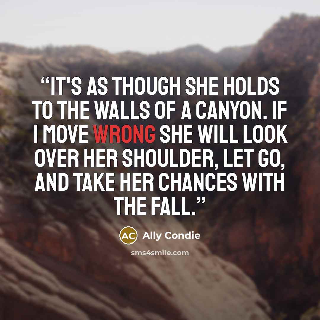 “It's as though she holds to the walls of a canyon. If I move wrong she will look over her shoulder, let go, and take her chances with the fall.” quote by Ally Condie