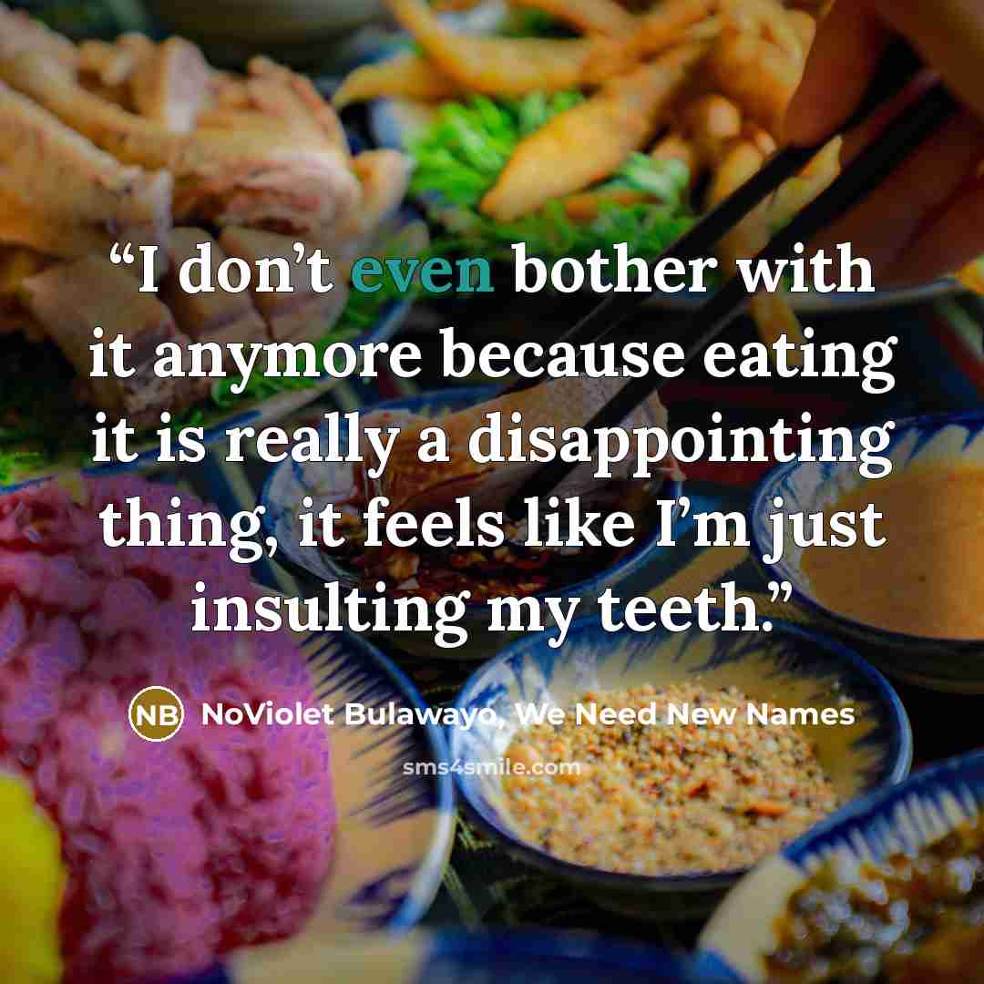 “I don’t even bother with it anymore because eating it is really a disappointing thing, it feels like I’m just insulting my teeth.” quote by NoViolet Bulawayo, We Need New Names