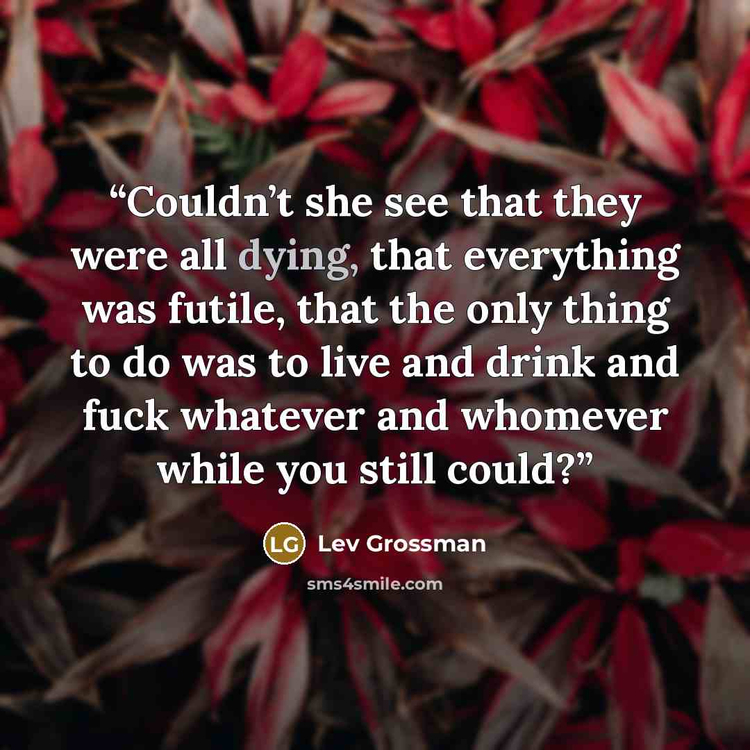 “Couldn’t she see that they were all dying, that everything was futile, that the only thing to do was to live and drink and fuck whatever and whomever while you still could?” quote by Lev Grossman