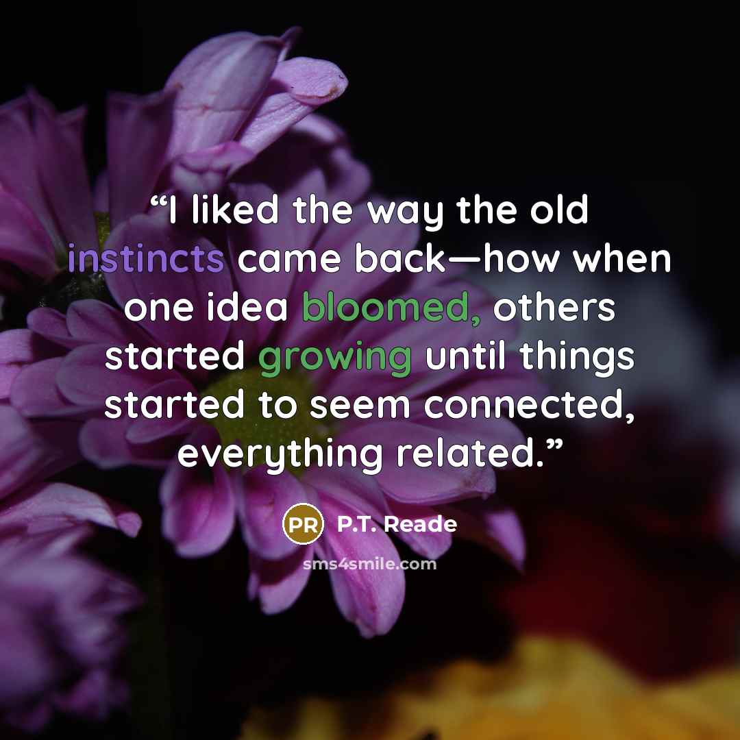 “I liked the way the old instincts came back—how when one idea bloomed, others started growing until things started to seem connected, everything related.” quote by P.T. Reade