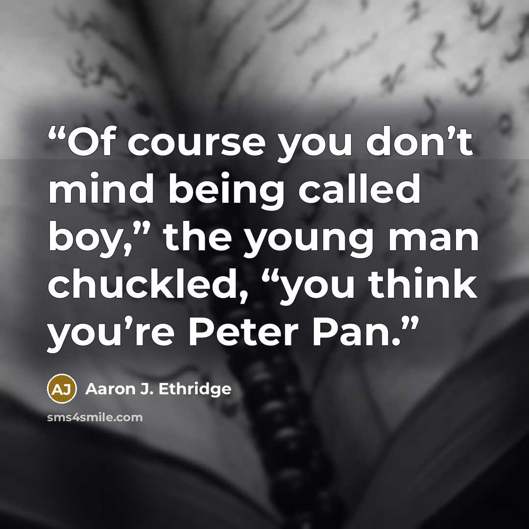 “Of course you don’t mind being called boy,” the young man chuckled, “you think you’re Peter Pan.” quote by Aaron J. Ethridge