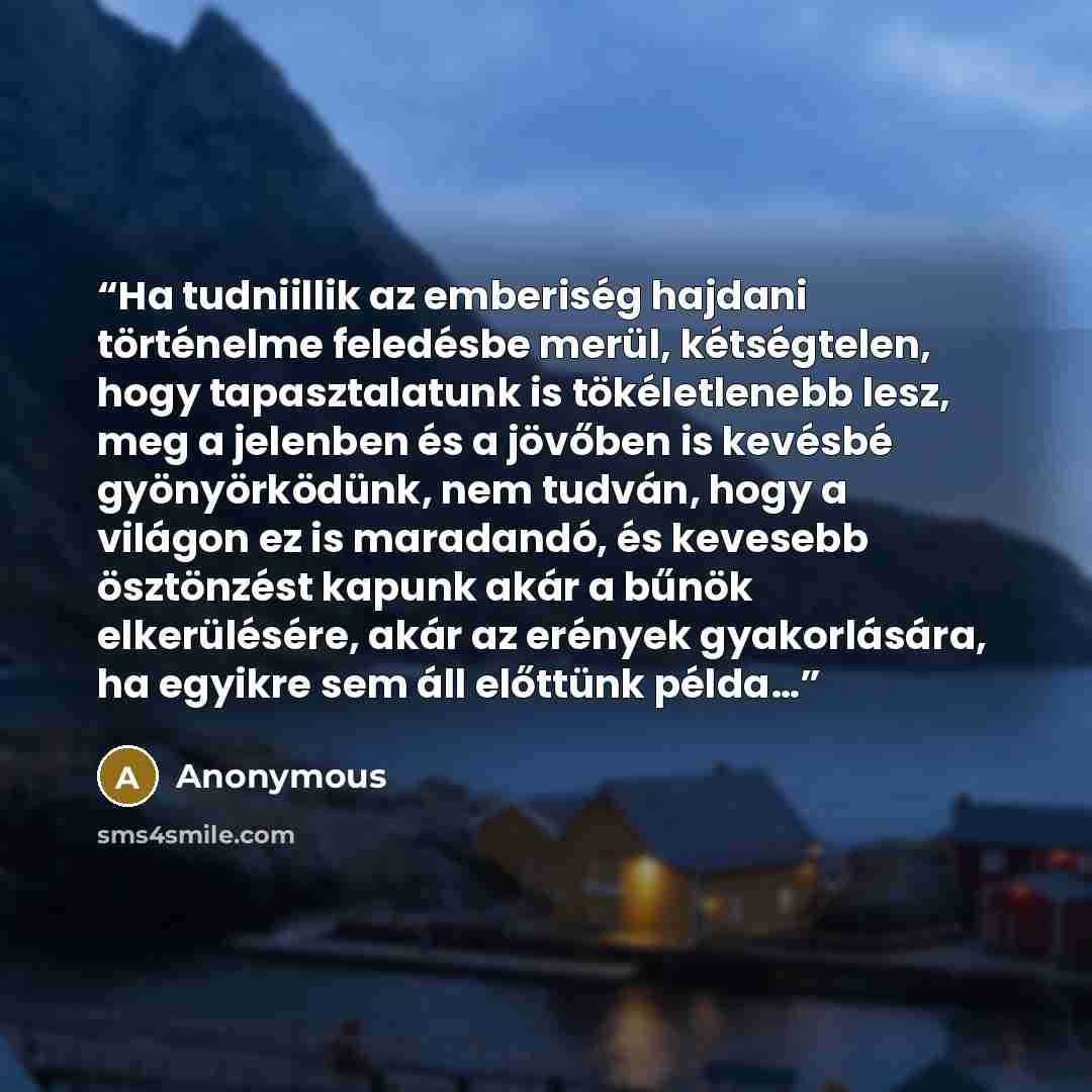 “Ha tudniillik az emberiség hajdani történelme feledésbe merül, kétségtelen, hogy tapasztalatunk is tökéletlenebb lesz, meg a jelenben és a jövőben is kevésbé gyönyörködünk, nem tudván, hogy a világon ez is maradandó, és kevesebb ösztönzést kapunk akár a bűnök elkerülésére, akár az erények…” quote by Anonymous