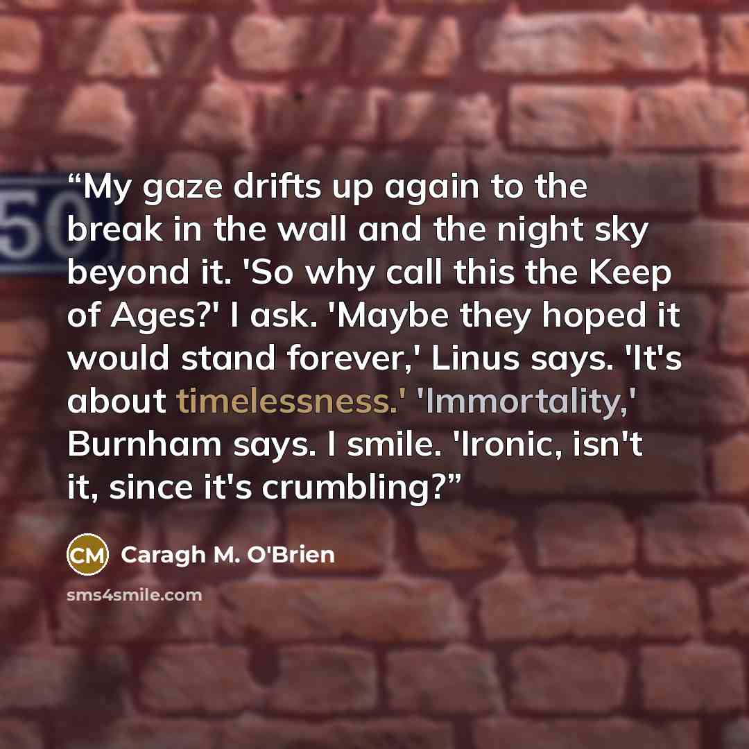 “My gaze drifts up again to the break in the wall and the night sky beyond it. 'So why call this the Keep of Ages?' I ask. 'Maybe they hoped it would stand forever,' Linus says. 'It's about timelessness.' 'Immortality,' Burnham says. I smile. 'Ironic, isn't it, since it's crumbling?” quote by Caragh M. O'Brien