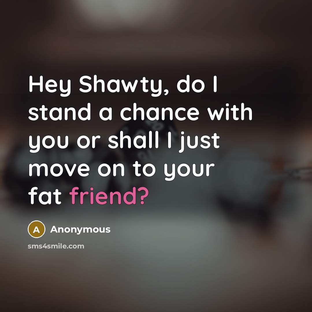 “Hey Shawty, do I stand a chance with you or shall I just move on to your fat friend?” quote by Anonymous