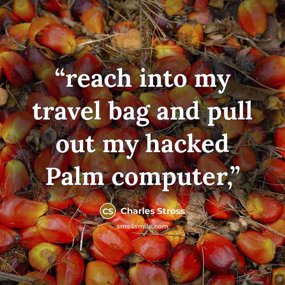 “reach into my travel bag and pull out my hacked Palm computer,” quote by Charles Stross