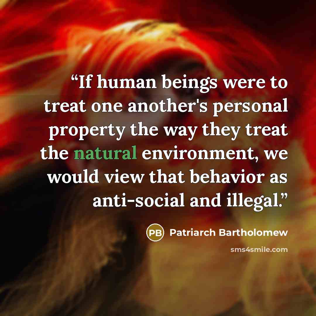 “If human beings were to treat one another's personal property the way they treat the natural environment, we would view that behavior as anti-social and illegal.” quote by Patriarch Bartholomew