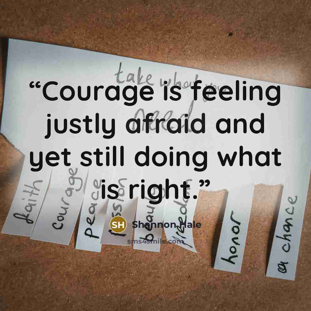 “Courage is feeling justly afraid and yet still doing what is right.” quote by Shannon Hale
