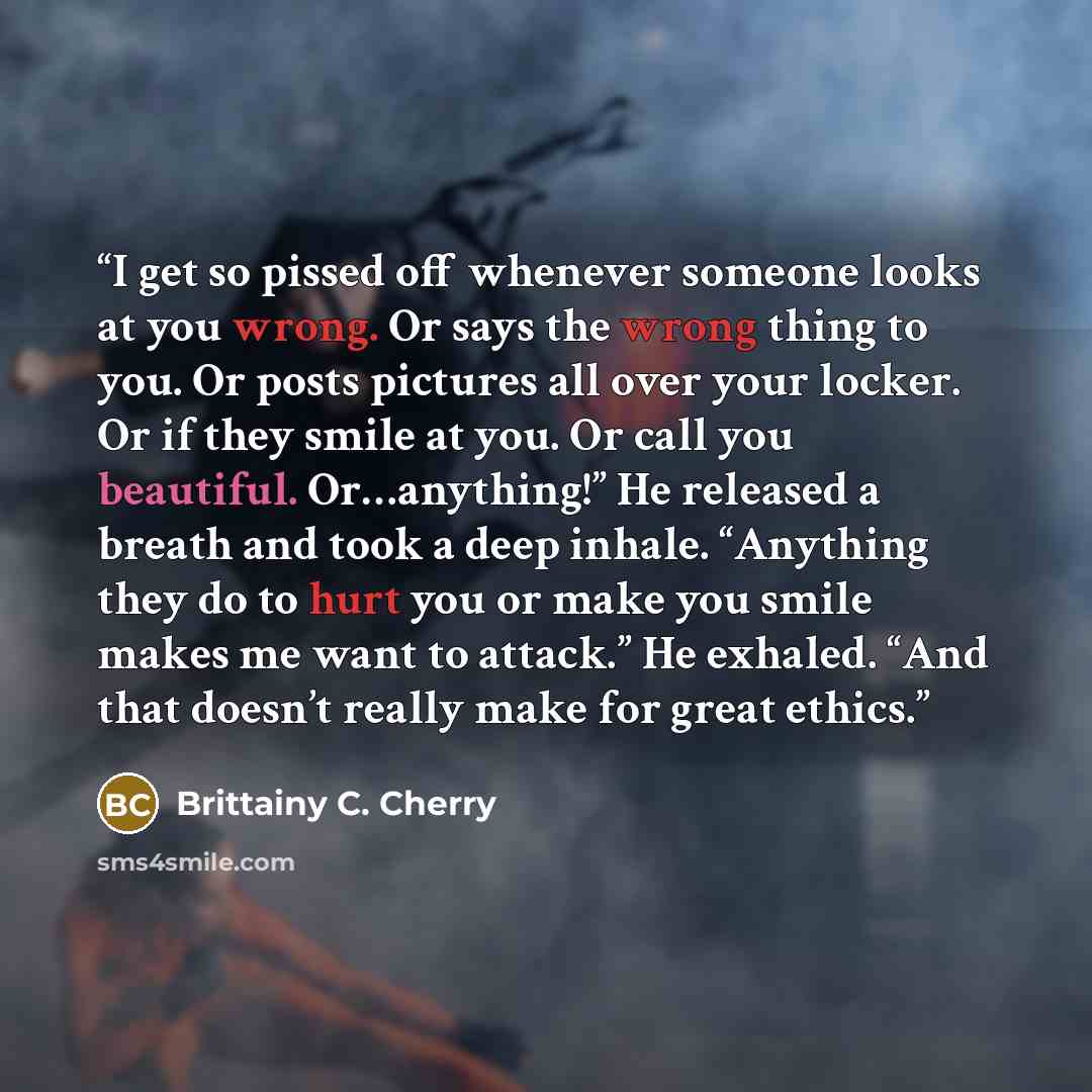 “I get so pissed off whenever someone looks at you wrong. Or says the wrong thing to you. Or posts pictures all over your locker. Or if they smile at you. Or call you beautiful. Or…anything!” He released a breath and took a deep inhale. “Anything they do to hurt you or make you smile makes me want…” quote by Brittainy C. Cherry