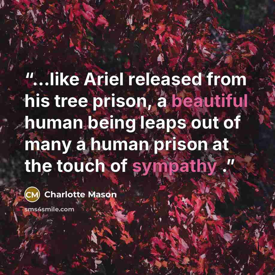 “...like Ariel released from his tree prison, a beautiful human being leaps out of many a human prison at the touch of sympathy .” quote by Charlotte Mason