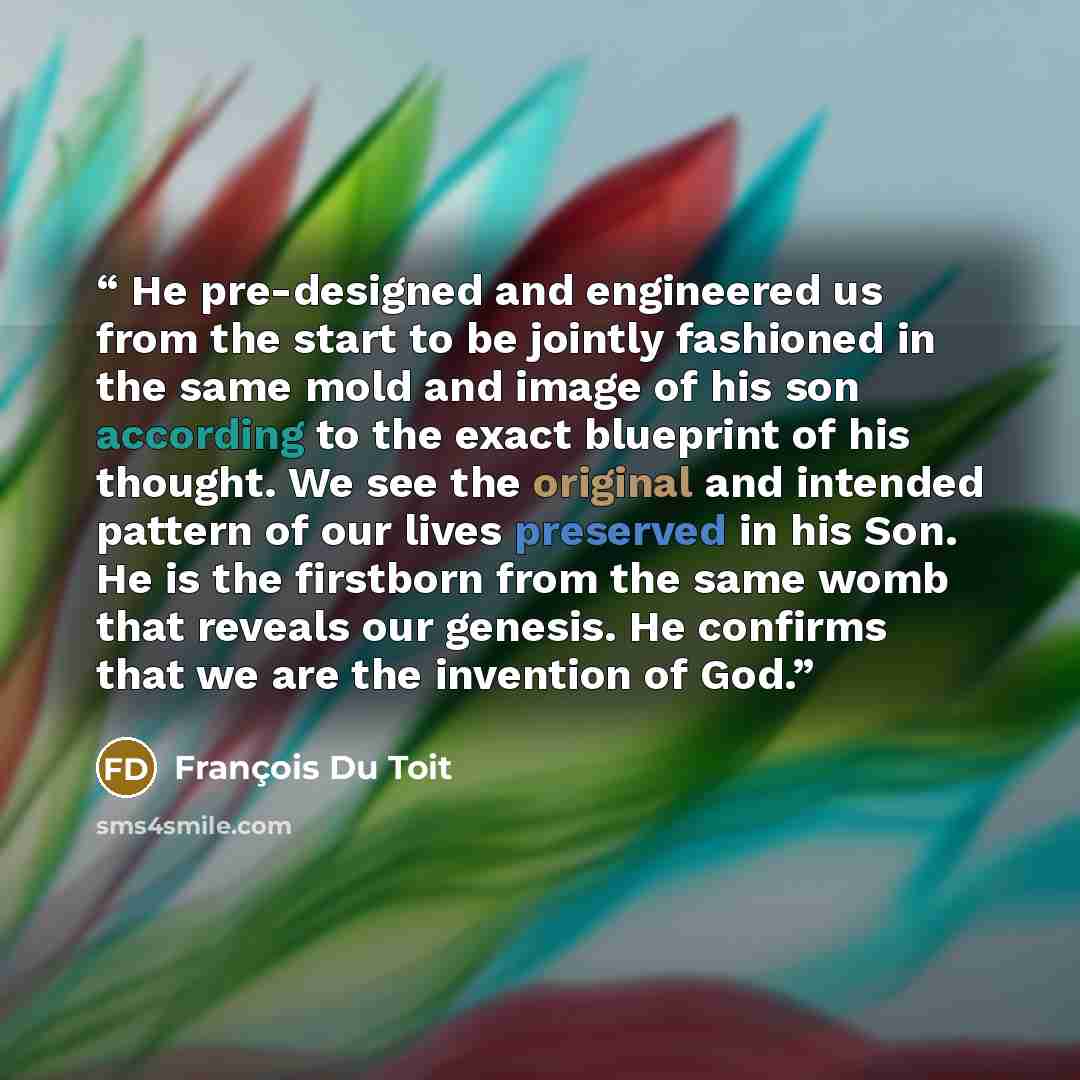 “He pre-designed and engineered us from the start to be jointly fashioned in the same mold and image of his son according to the exact blueprint of his thought. We see the original and intended pattern of our lives preserved in his Son. He is the firstborn from the same womb that reveals our…” quote by François Du Toit