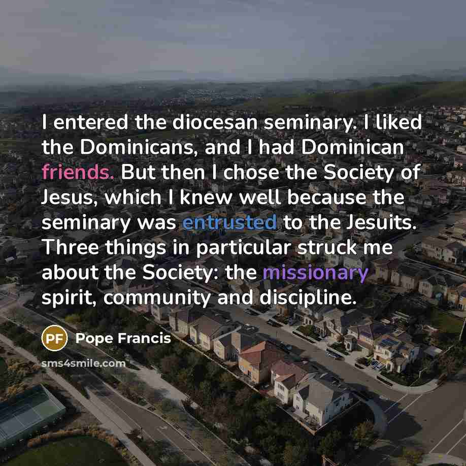 “I entered the diocesan seminary. I liked the Dominicans, and I had Dominican friends. But then I chose the Society of Jesus, which I knew well because the seminary was entrusted to the Jesuits. Three things in particular struck me about the Society: the missionary spirit, community and discipline.” quote by Pope Francis
