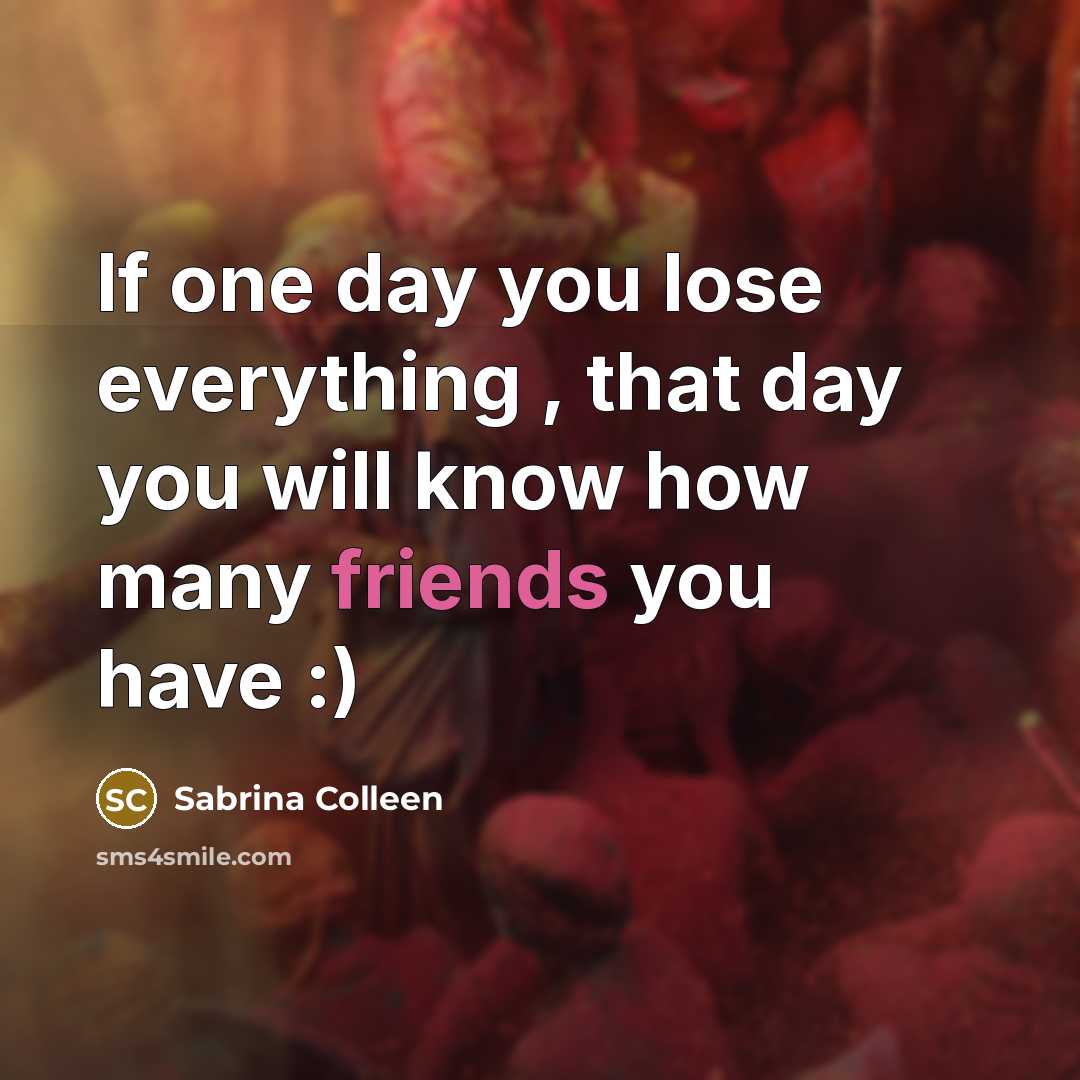 “If one day you lose everything , that day you will know how many friends you have :)” quote by Sabrina Colleen