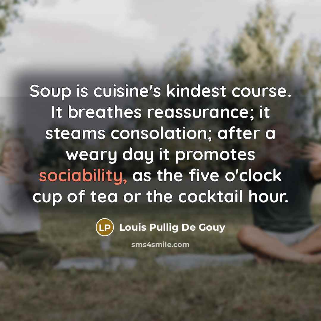 “Soup is cuisine's kindest course. It breathes reassurance; it steams…” quote by Louis Pullig De Gouy