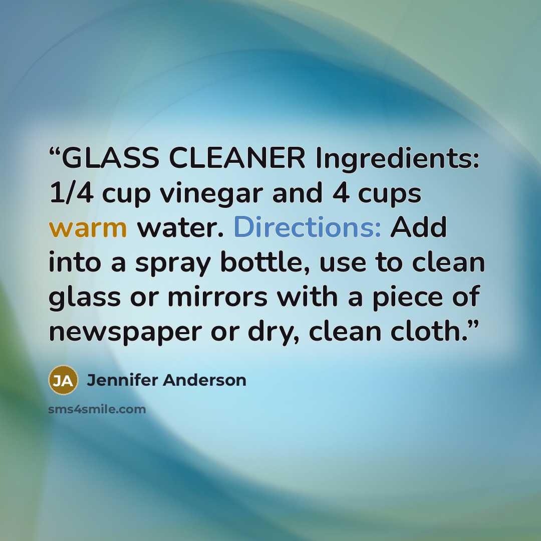 “GLASS CLEANER Ingredients: 1/4 cup vinegar and 4 cups warm water. Directions: Add into a spray bottle, use to clean glass or mirrors with a piece of newspaper or dry, clean cloth.” quote by Jennifer Anderson
