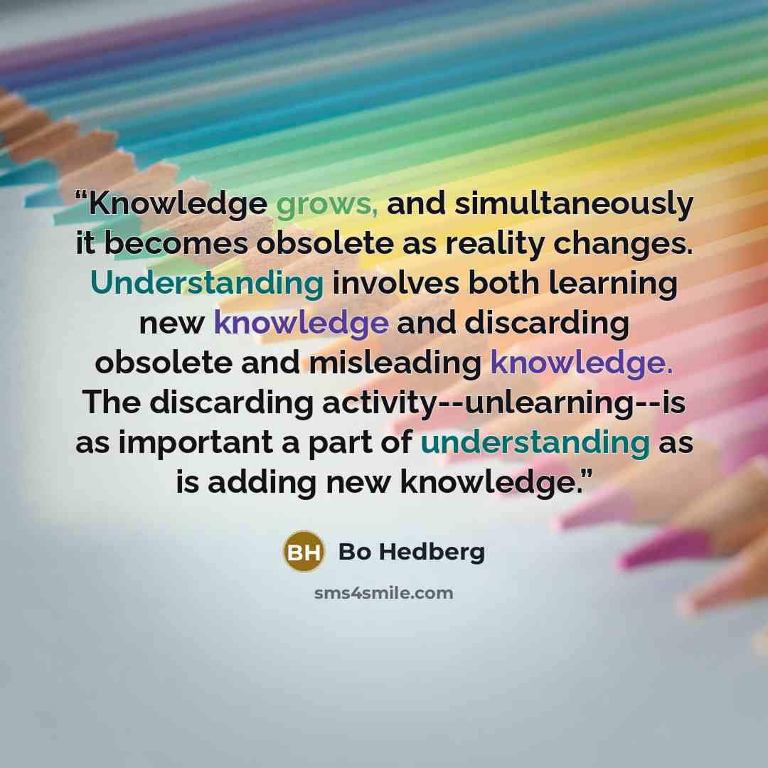 “Knowledge grows, and simultaneously it becomes obsolete as reality changes. Understanding involves both learning new knowledge and discarding obsolete and misleading knowledge. The discarding activity--unlearning--is as important a part of understanding as is adding new knowledge.” quote by Bo Hedberg